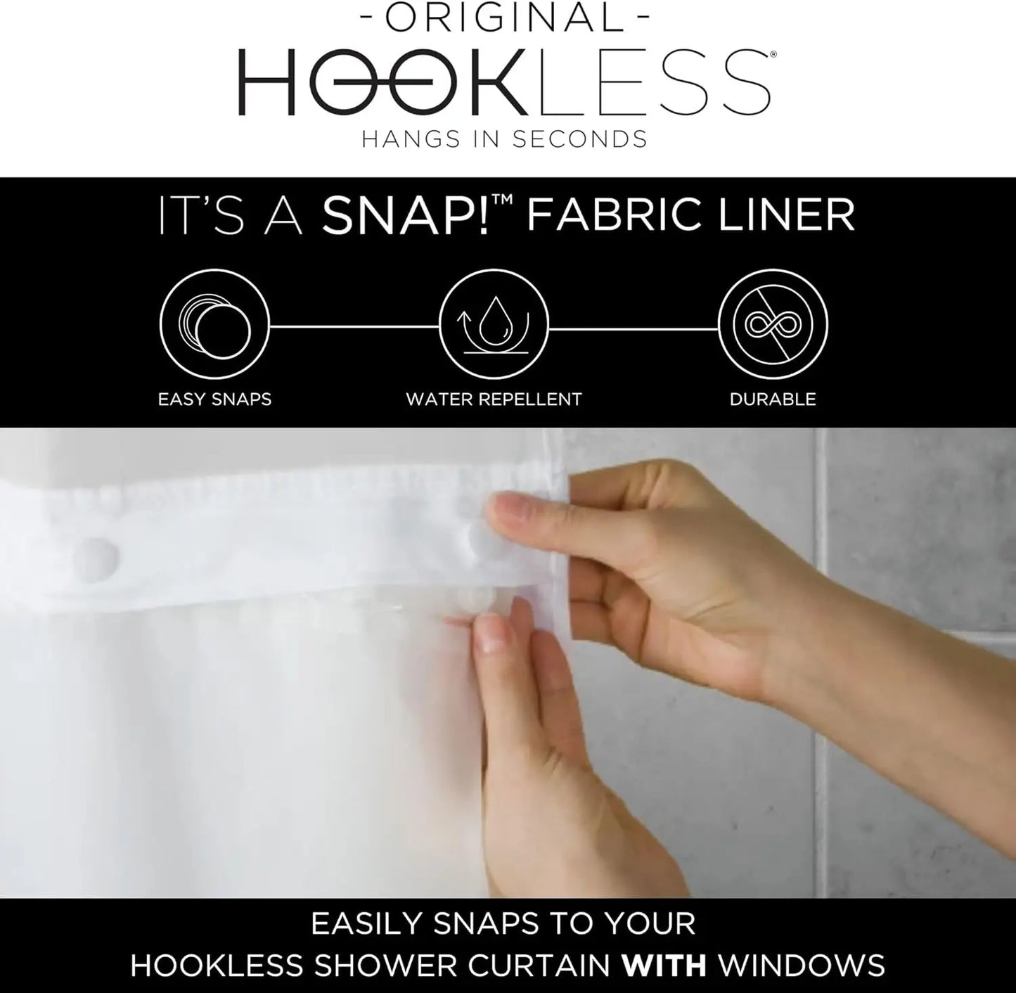 Hookless Waffle Shower Curtain Set with Sheer Window Snap-In Liner Built-In Rings, 71x74 Inches, Frost Grey