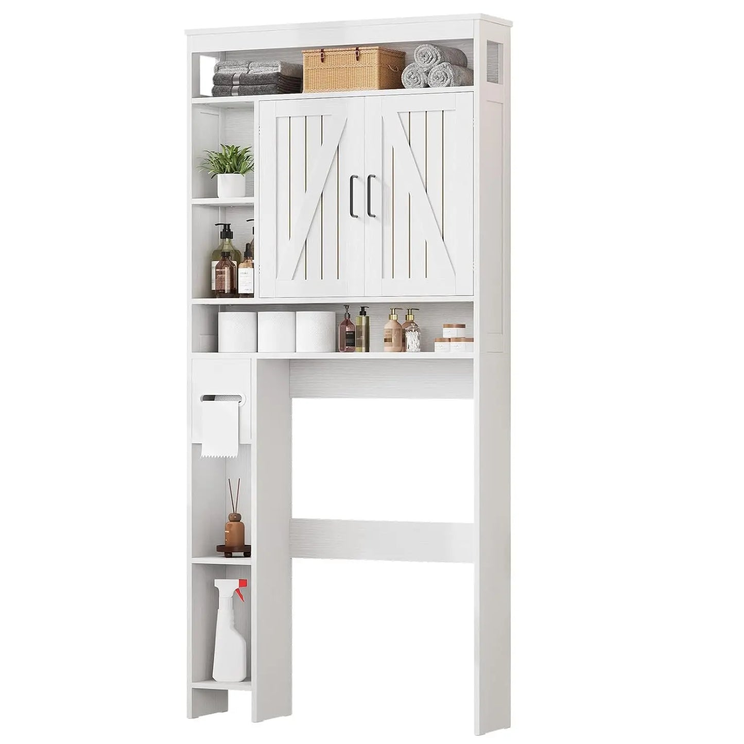 Over The Toilet Farmhouse Bathroom Storage Cabinet with 6 Shelves 2 Barn Door