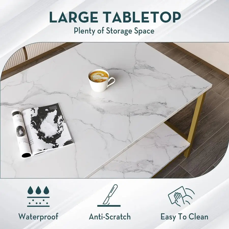 Modern Industrial Coffee Table White Gold 2 Tier