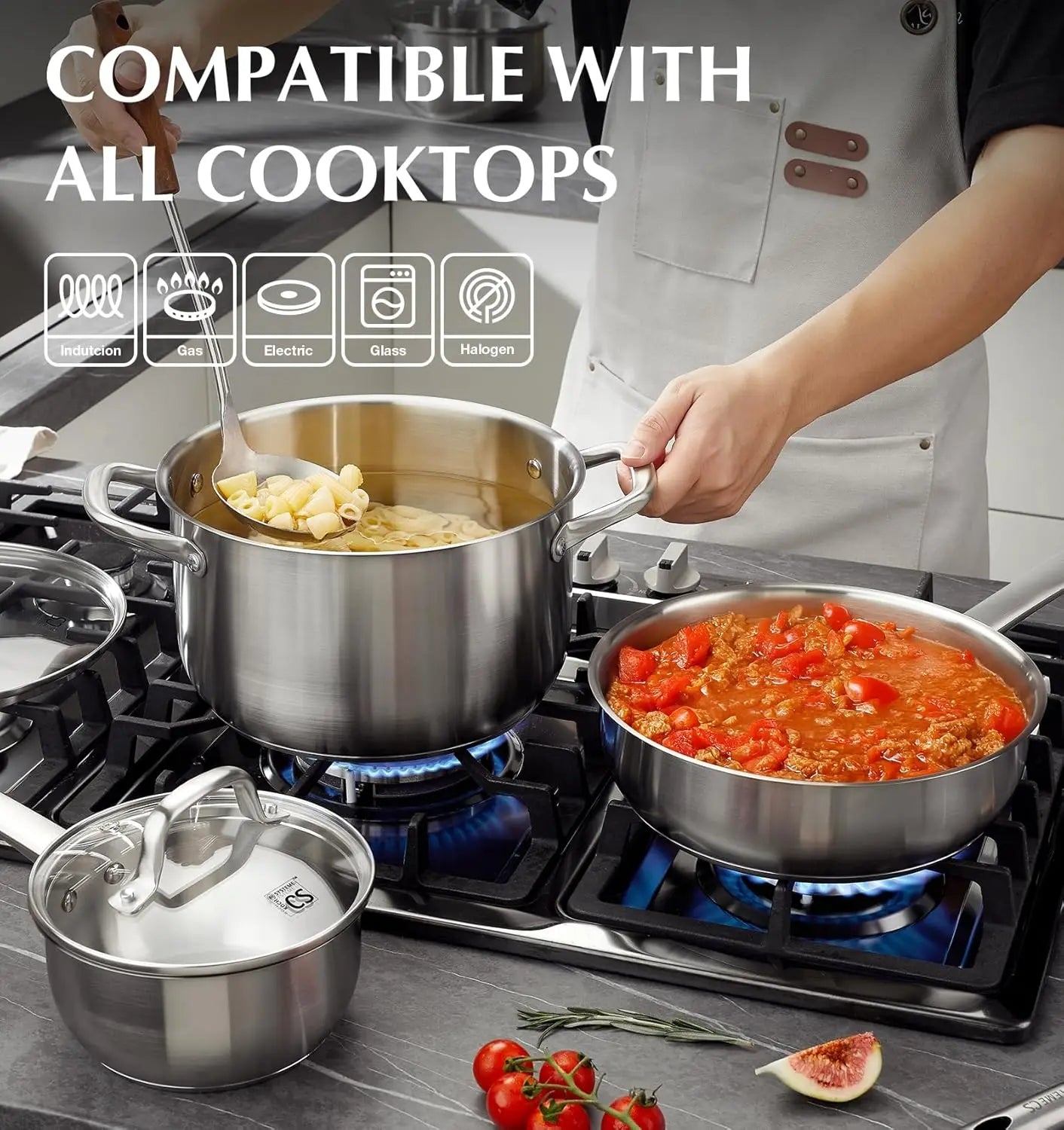 KOCH SYSTEME CS Stainless Steel Pots Pans Cookware Set Induction Ready Oven Safe to 450°F 10 Piece