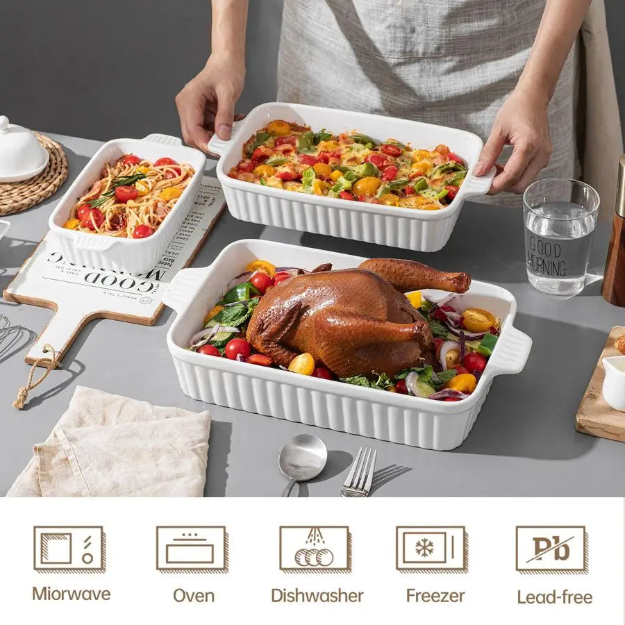 Ceramic Porcelain Casserole Baking Dishes Set Rectangular Baking Pan, White Deep Lasagna Pan Oven Safe Set of 4