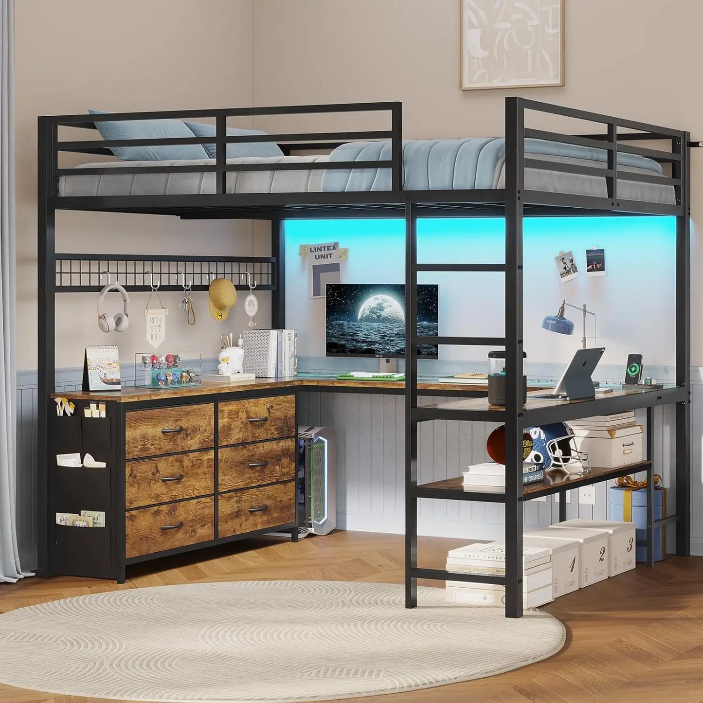 Metal Loft Full Size Bed with U-Shaped Desk 6 Storage Drawers Power Outlet LED