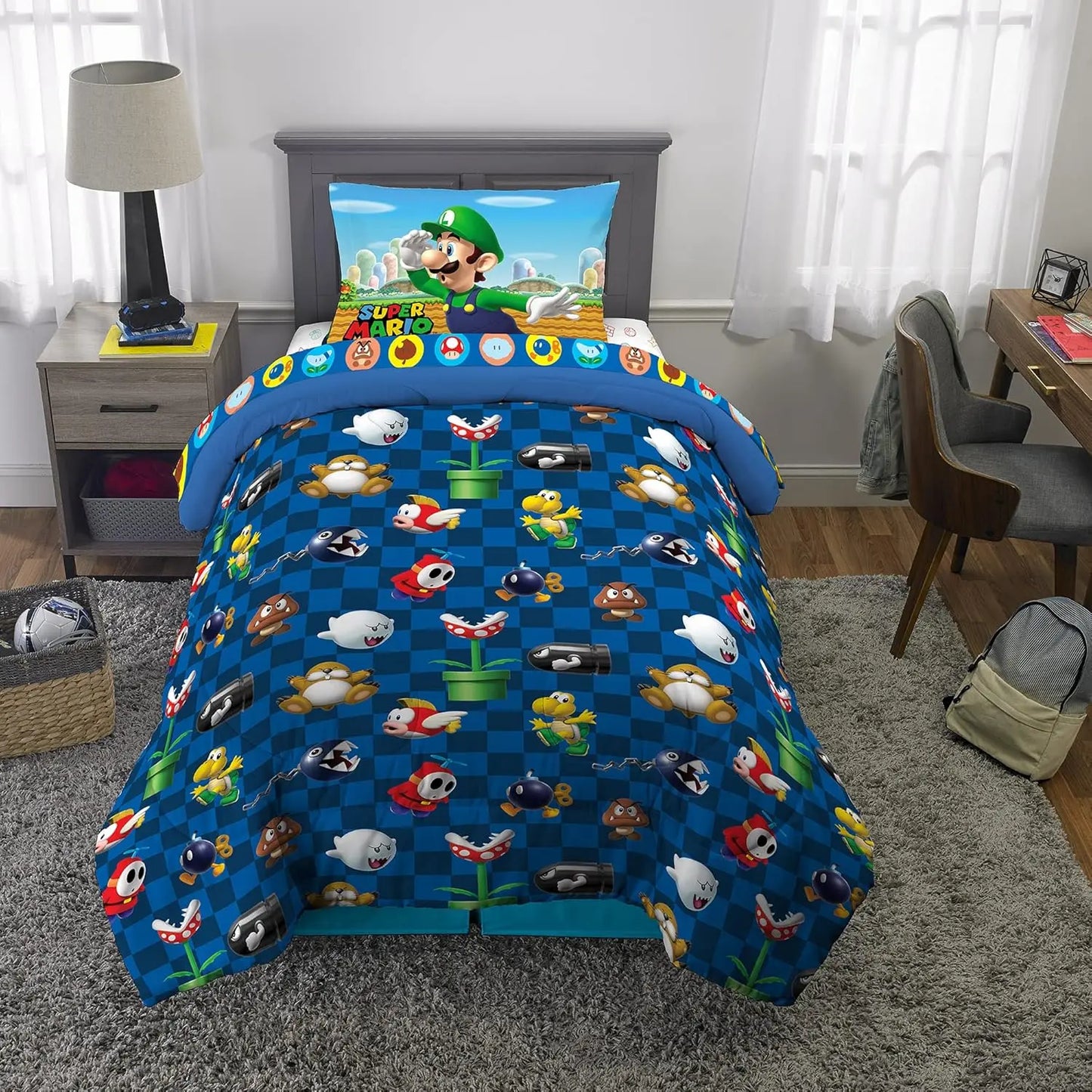 Super Mario Kids Twin Size Bedding Set (Comforter, Sheets) Reversible Officially Licensed 4 Piece