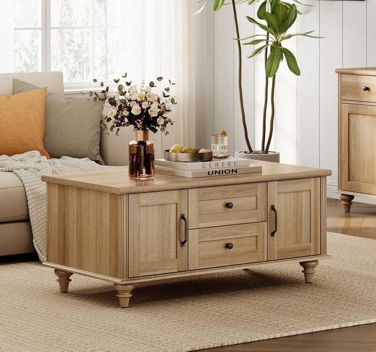 Rustic Wooden Farmhouse Coffee Table with Storage Cabinet