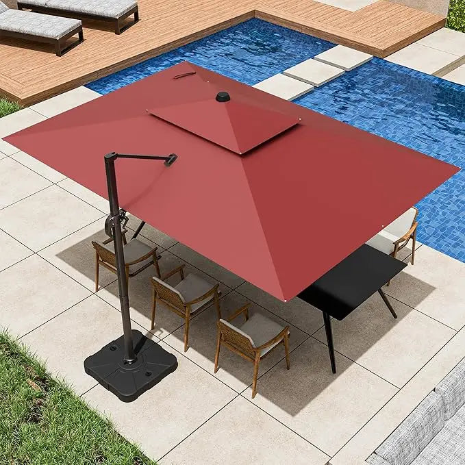 360° Rotation Heavy Duty Cantilever Patio Umbrella Double Layer Offset Design Large Rectangle 9x12 Ft