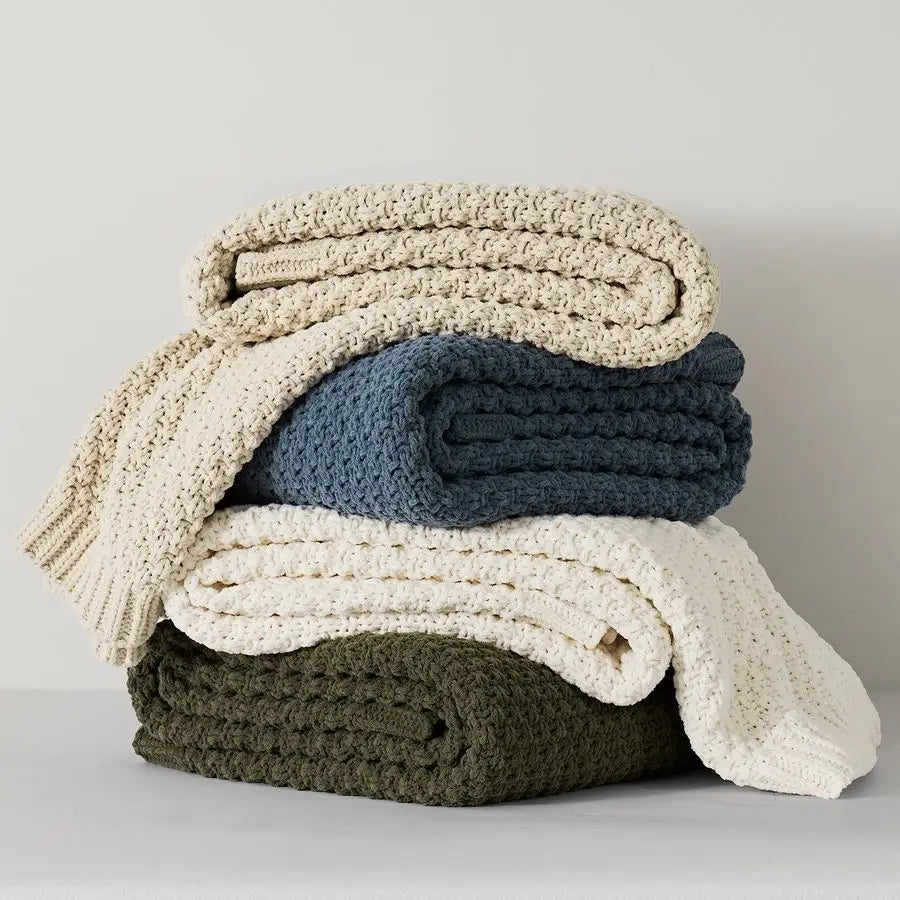 Chenille Knitted Decorative Farmhouse Throw Blanket Soft Luxurious Moss Stitch Blankets for Bed, Couch
