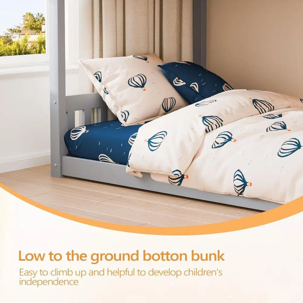 Twin Bunk Bed with Guardrails Ladder for Kids No Box Spring Required