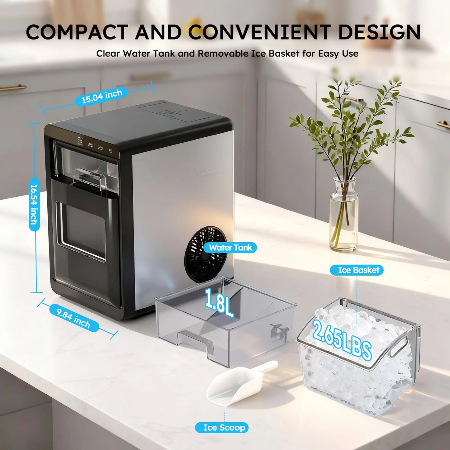 Countertop Chewable Pellet Nugget Ice Maker 44bs/24H Self-Cleaning with Ice Scoop & Basket