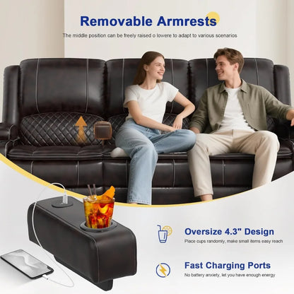 Leather Recliner Sofa with Liftable Console USB Ports Cup Holders 3 Seat