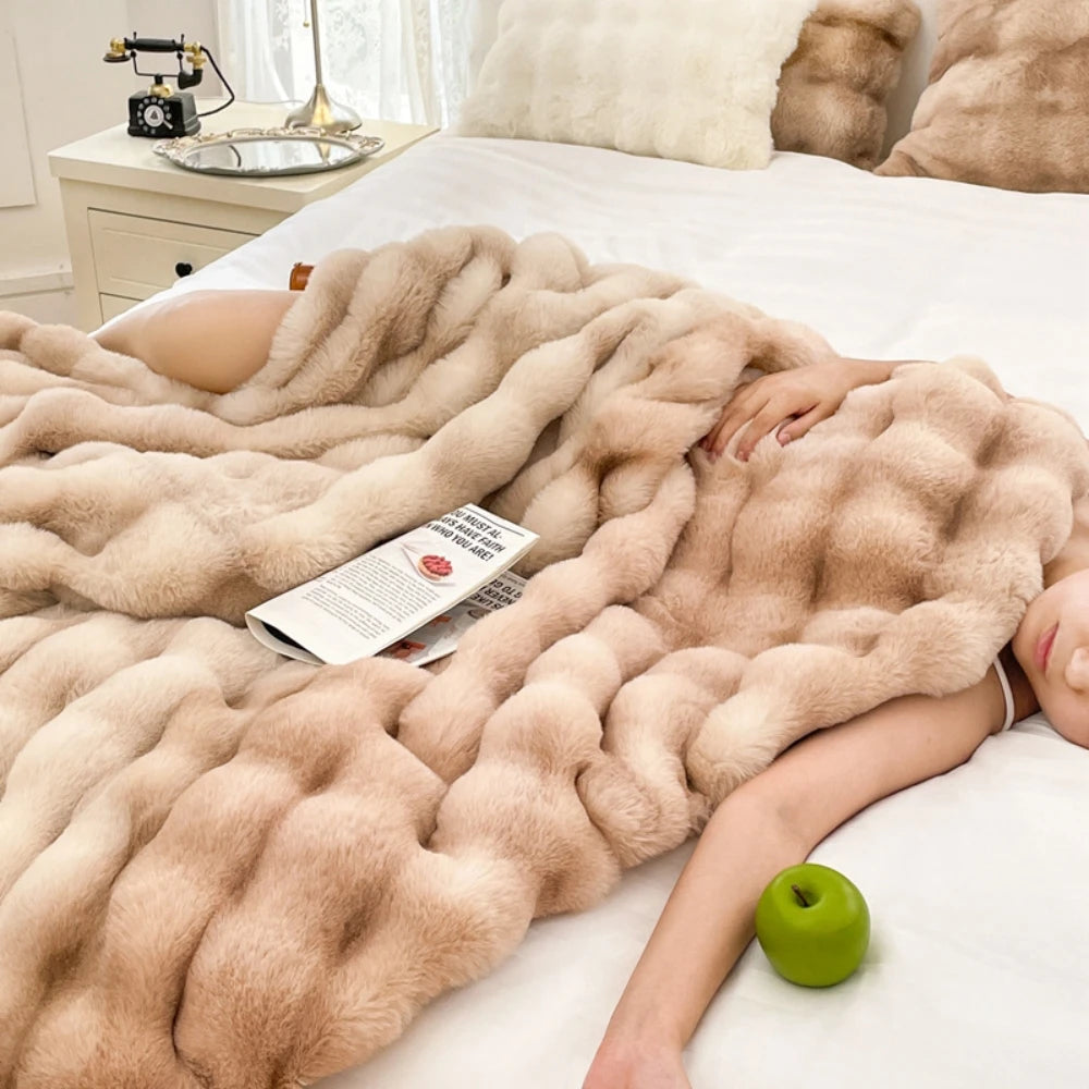 Faux Rabbit Fleece Throw Blanket for Bedroom Living Room