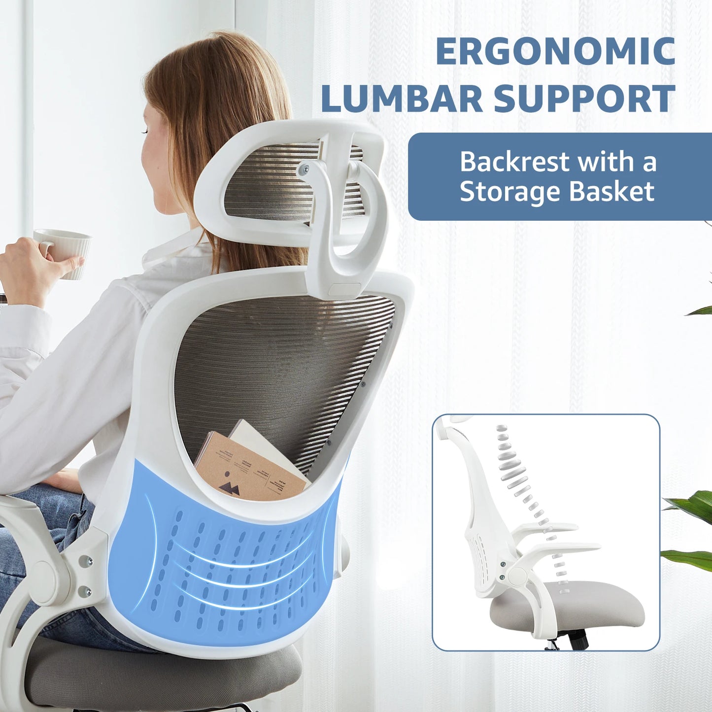 Mesh Ergonomic Office Computer Desk Chair with Flip-up Arms Adjustable Headrests Comfortable Lumbar Support