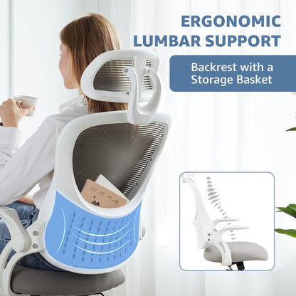 Mesh Ergonomic Office Computer Desk Chair with Flip-up Arms Adjustable Headrests Comfortable Lumbar Support