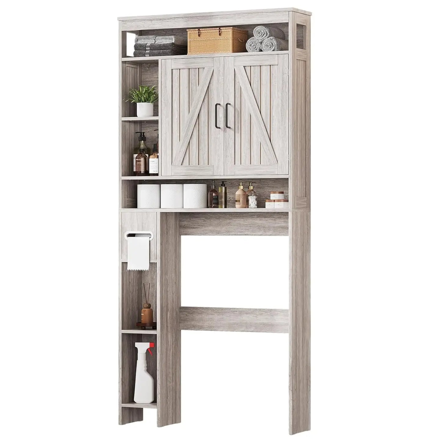 Over The Toilet Farmhouse Bathroom Storage Cabinet with 6 Shelves 2 Barn Door