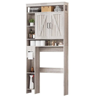 Over The Toilet Farmhouse Bathroom Storage Cabinet with 6 Shelves 2 Barn Door