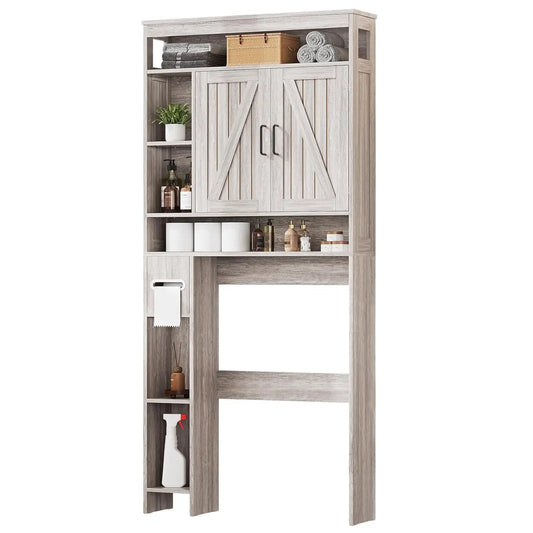 Over The Toilet Farmhouse Bathroom Storage Cabinet with 6 Shelves 2 Barn Door