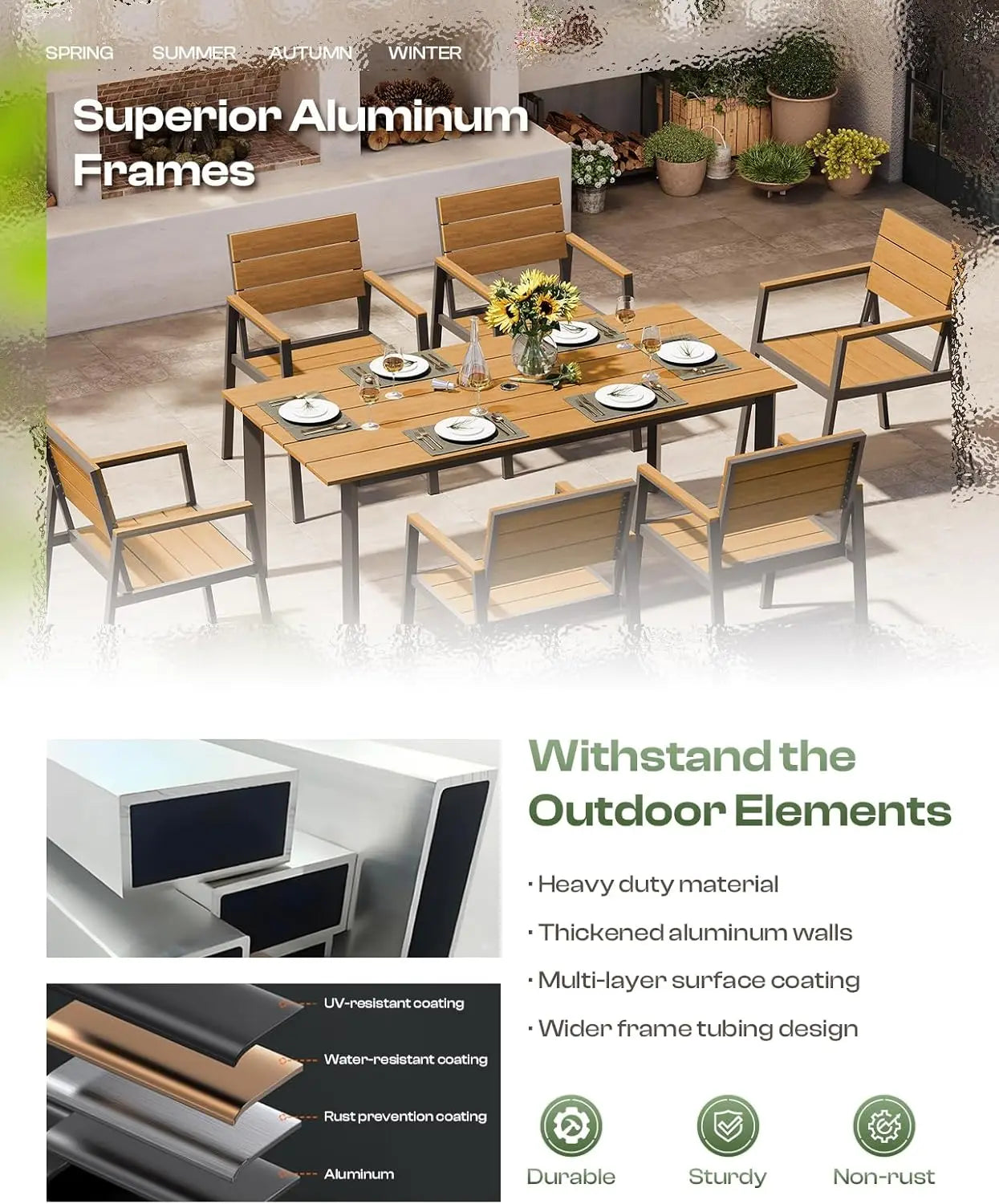 Outdoor Dining Patio Table Set 6 Person with Umbrella Hole Chairs 7 Pieces