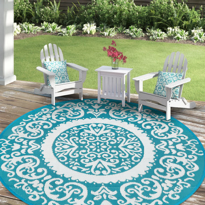 Round Outdoor Reversible Lightweight Plastic Straw Patio Rug 8Ft