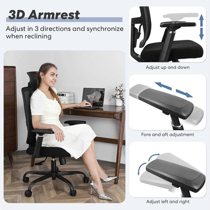 Ergonomic Mesh Adjustable Lumbar Support Office Chair with 120°Tilt High Back Soft Flip Up Arms