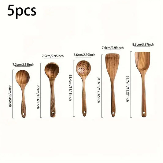 Natural Wood Kitchen Tool Set Includes Spoon, Spatula Slotted Spoon 5 Pieces