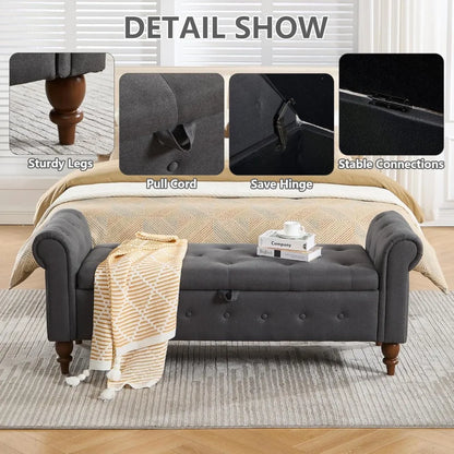 Upholstered King Size Ottoman End of Bed Bench 63" Rolled Arms and Legs
