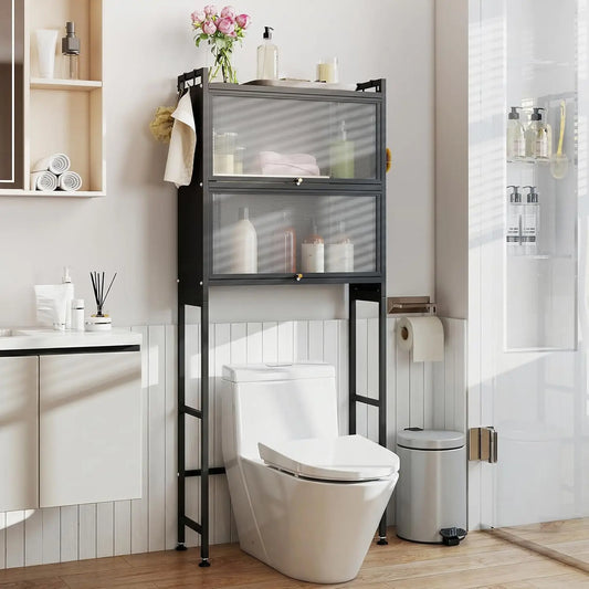 Freestanding Over the Toilet Storage Cabinet 2 Flip-up Fluted Doors 4 Hooks Metal Stand