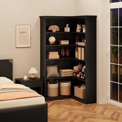 L-Shaped Corner 5-Tier Farmhouse Wooden Bookshelf Open Storage Display Shelf 72.8"