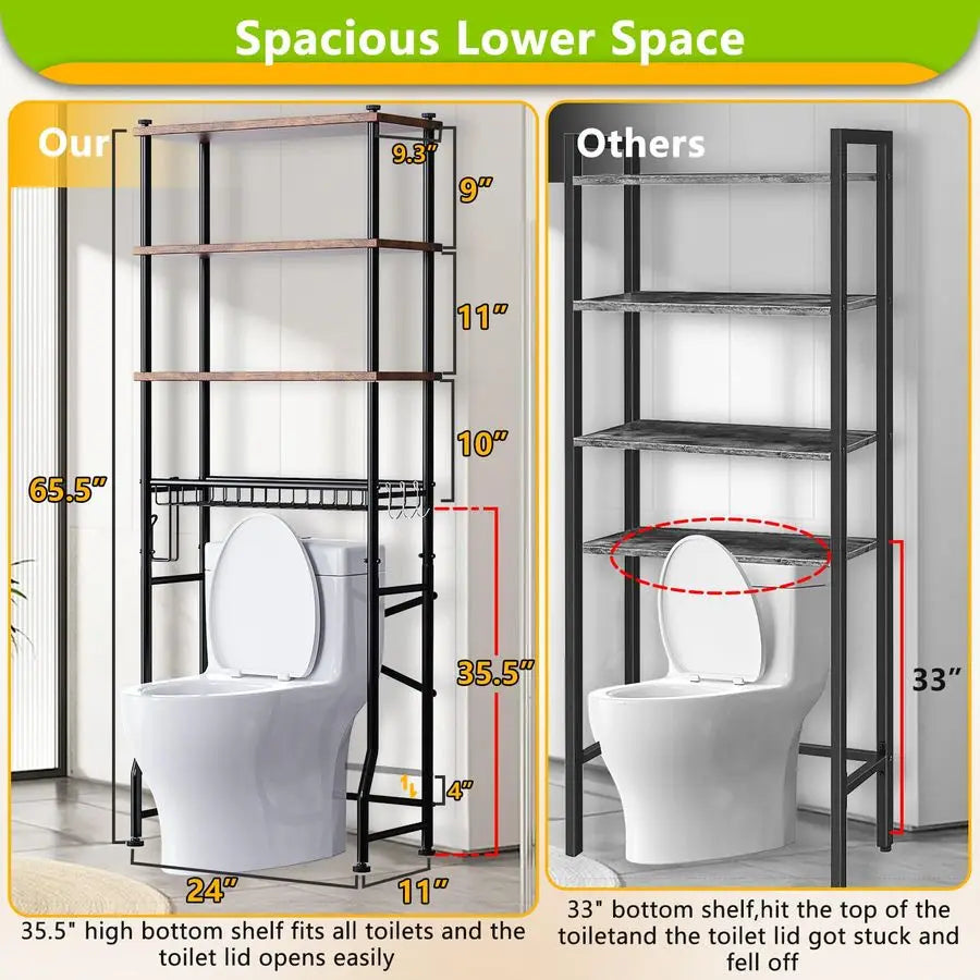 4-Tier Over the Toilet Bathroom Storage Shelf Waterproof Feet Pad and Basket