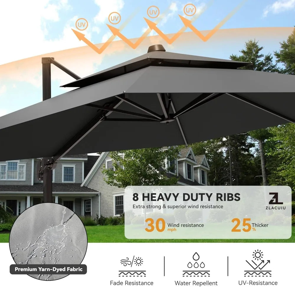 360° Rotation Heavy Duty Cantilever Patio Umbrella Double Layer Offset Design Large Rectangle 9x12 Ft