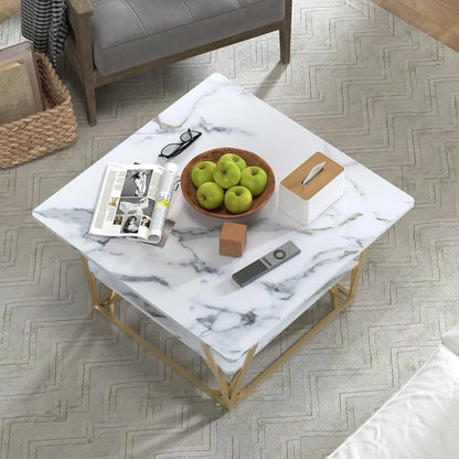 Modern 31.5" Square Two-Tier Coffee Table w/ Wooden Tabletop - White Marble, Gold Frame