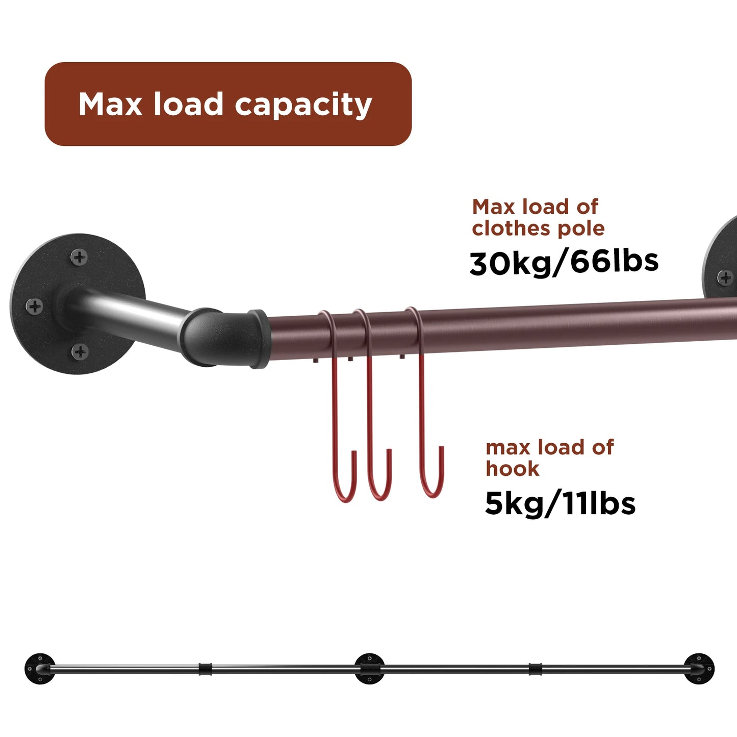 Wall Mounted Industrial Garment Hanging Rod Closet Storage 70.8 Inch