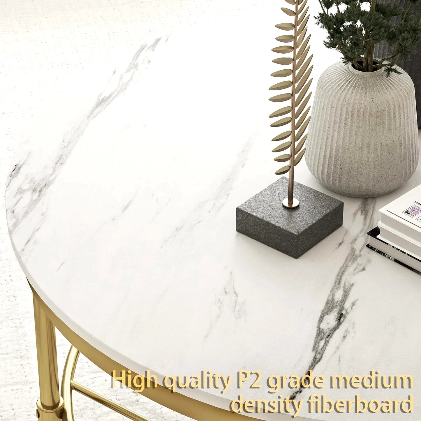2-Tier Industrial Round Coffee Table Open Shelf Storage Marble White Gold Frame