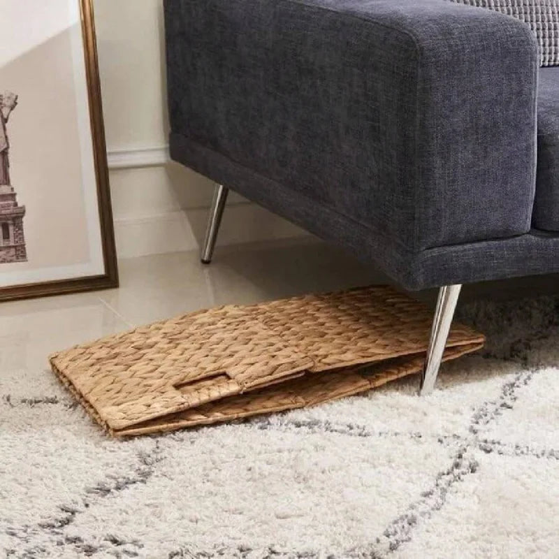 Handwoven Square Foldable Wicker Storage Basket Bin with Built-In Handles for Shelves & Organizing