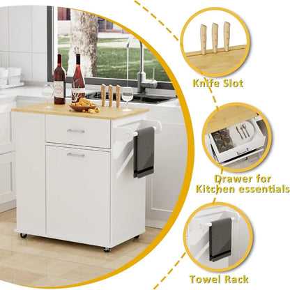 Portable Rolling Kitchen Island on Wheels with Tilt Out Trash Can Storage Towel Rack Spice Rack