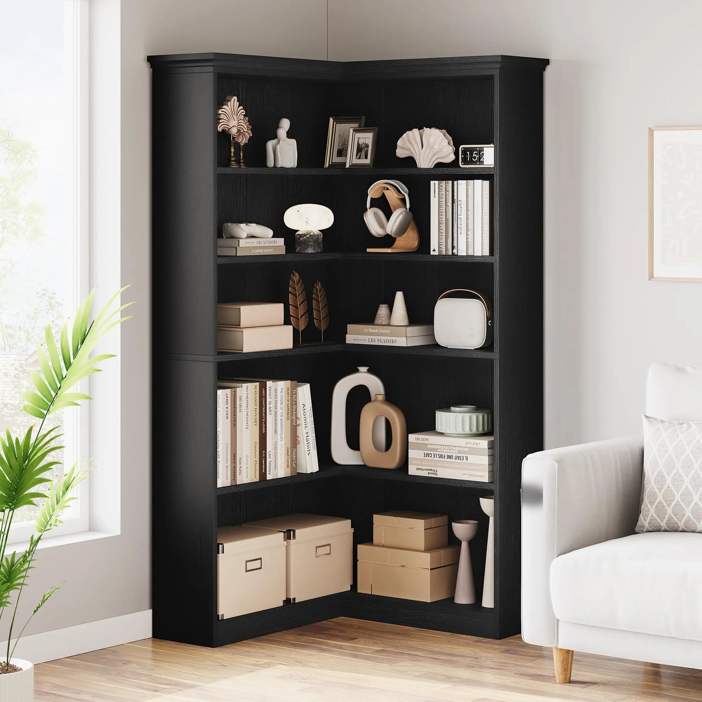 L-Shaped Corner 5-Tier Farmhouse Wooden Bookshelf Open Storage Display Shelf 72.8"
