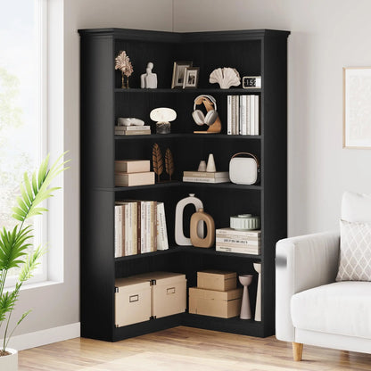 L-Shaped Corner 5-Tier Farmhouse Wooden Bookshelf Open Storage Display Shelf 72.8"