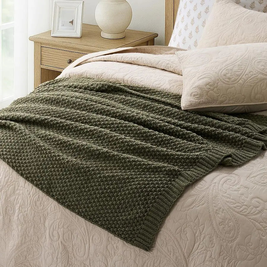 Chenille Knitted Decorative Farmhouse Throw Blanket Soft Luxurious Moss Stitch Blankets for Bed, Couch