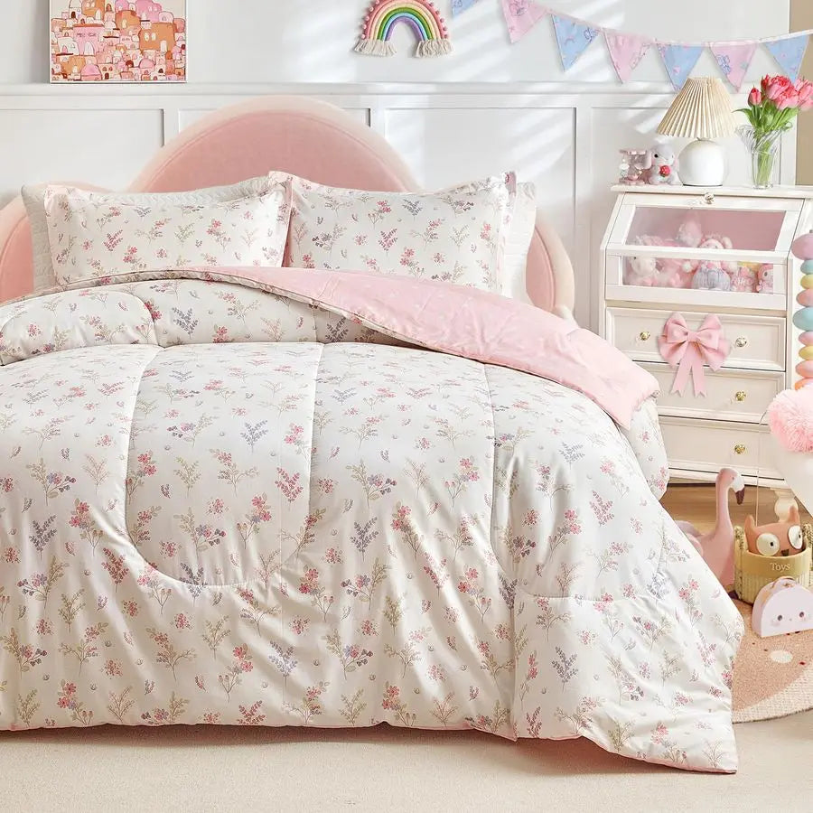 Cotton Floral Design Comforter Bedding Set for Girls Twin Size 68x88" 3 Pieces