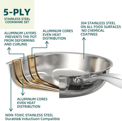14-Piece 5-Ply Stainless Steel Cookware Set Induction Compatible Pots Pans Oven Safe