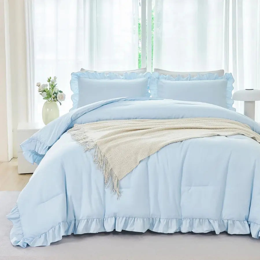 Ruffled Farmhouse Light Blue Twin Comforter Set Girls Bed in A Bag Solid Boho Bedding 5 Pieces