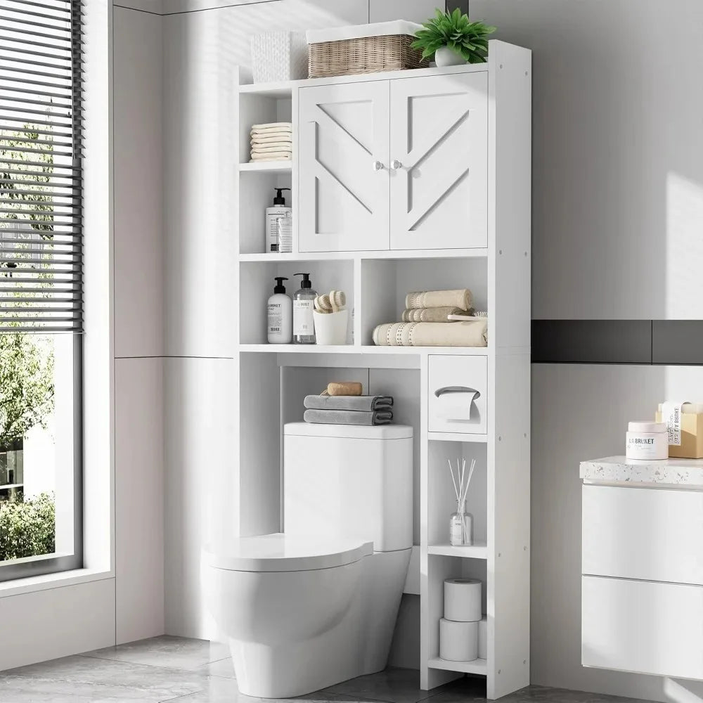 Over the Toilet Bathroom Storage Cabinet with Toilet Paper Holder Stand Freestanding Cabinet Space Saver
