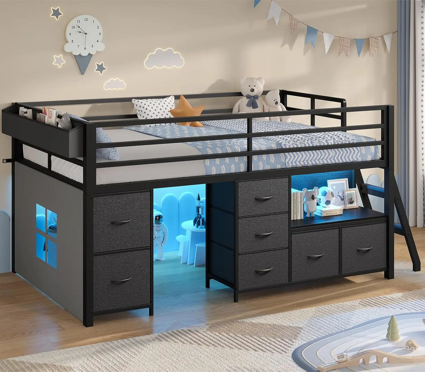 Low Metal Loft Bed Twin Size 14" H Safety Guardrail with 7 Storage Drawers Bookcase LED Lights