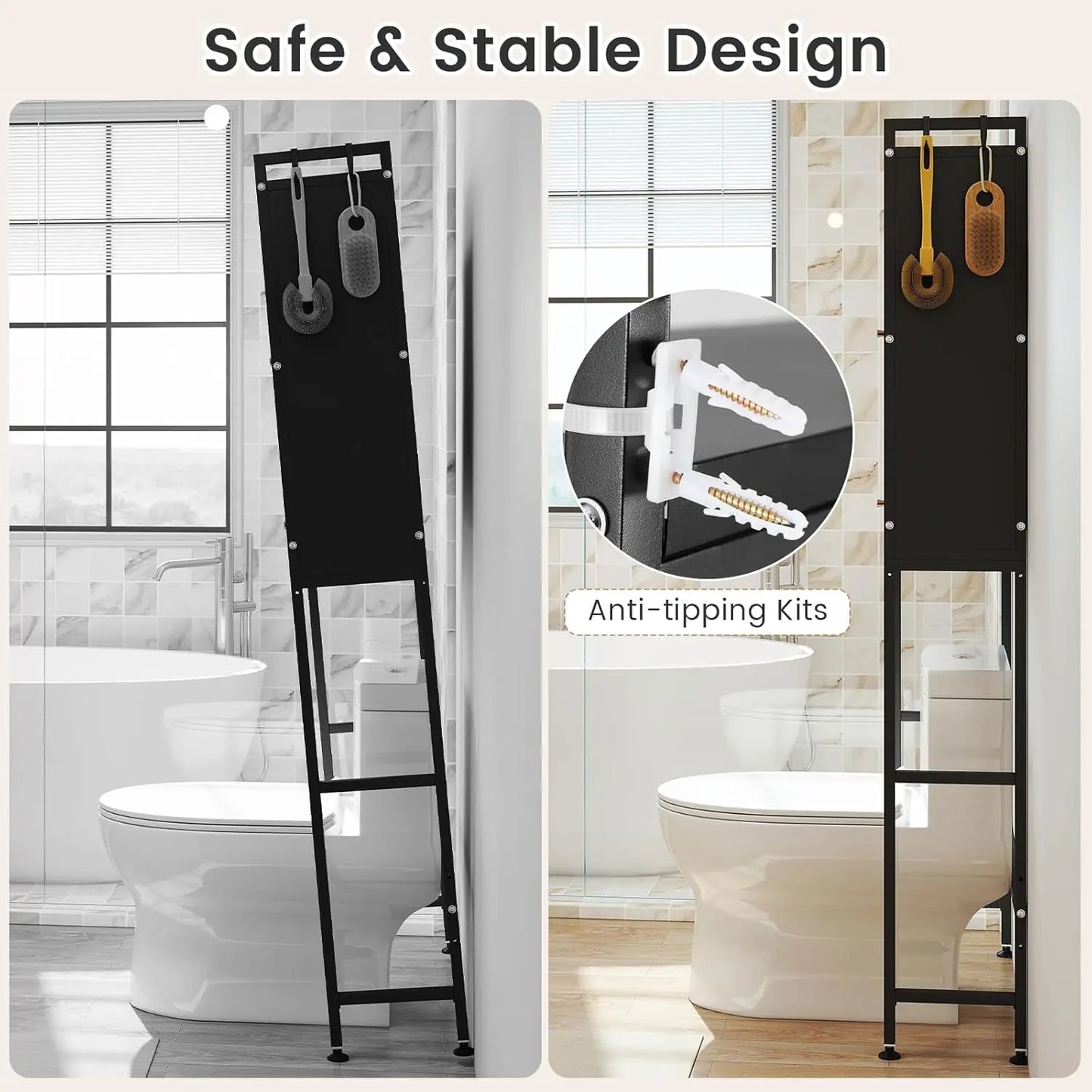 Freestanding Over the Toilet Storage Cabinet 2 Flip-up Fluted Doors 4 Hooks Metal Stand