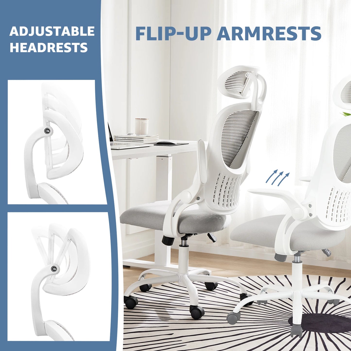 Mesh Ergonomic Office Computer Desk Chair with Flip-up Arms Adjustable Headrests Comfortable Lumbar Support