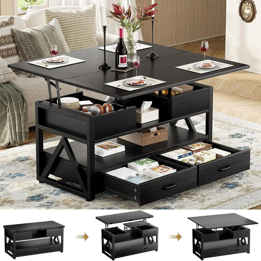 40" Farmhouse Multi-Function 4 in 1 Lift Coffee Table w/ Storage Drawers and Hidden Compartment