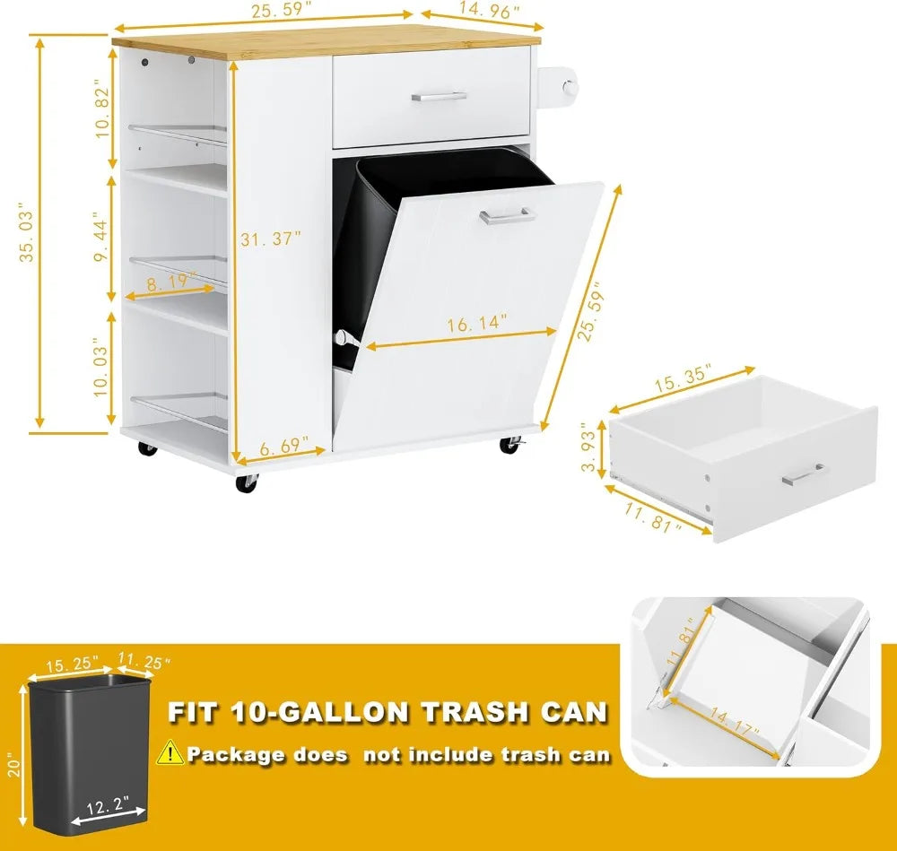 Portable Rolling Kitchen Island on Wheels with Tilt Out Trash Can Storage Towel Rack Spice Rack