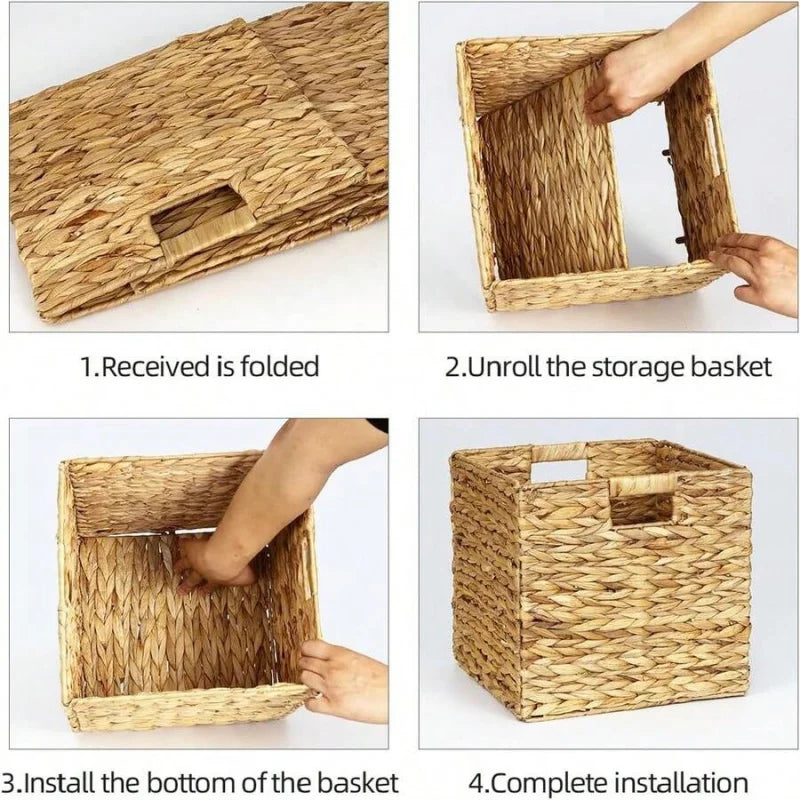 Handwoven Square Foldable Wicker Storage Basket Bin with Built-In Handles for Shelves & Organizing