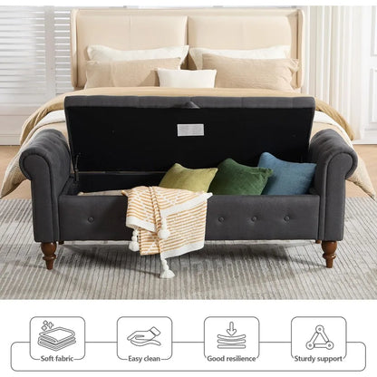 Upholstered King Size Ottoman End of Bed Bench 63" Rolled Arms and Legs