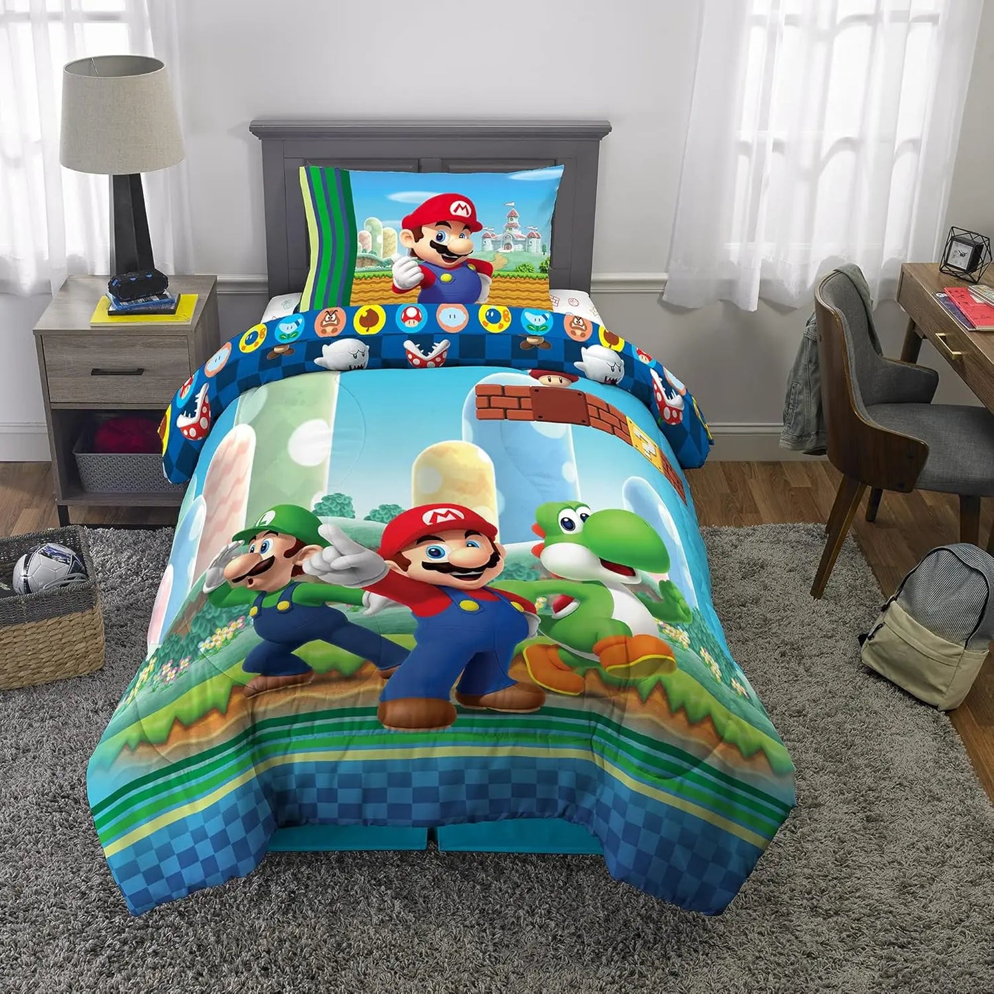 Super Mario Kids Twin Size Bedding Set (Comforter, Sheets) Reversible Officially Licensed 4 Piece