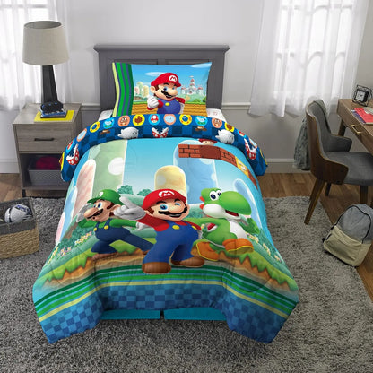 Super Mario Kids Twin Size Bedding Set (Comforter, Sheets) Reversible Officially Licensed 4 Piece
