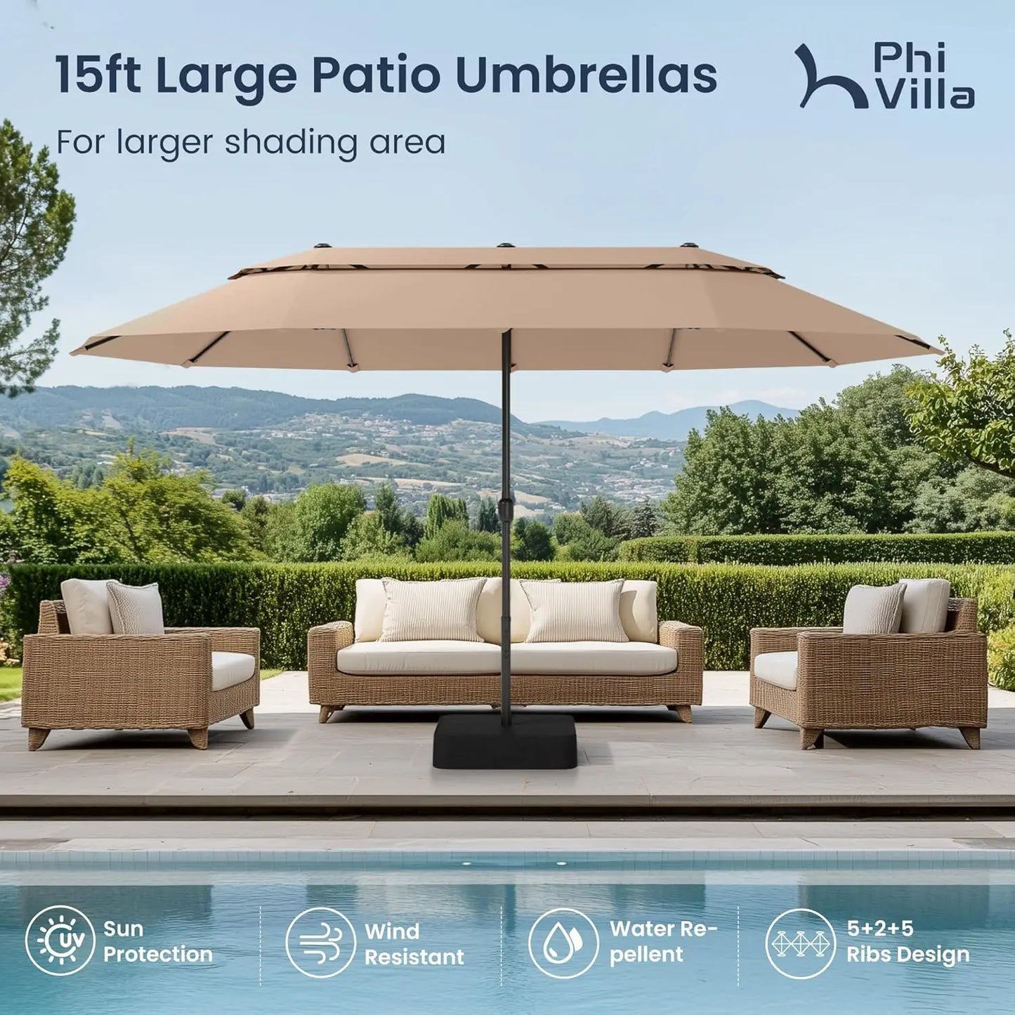 15FT Large Double-Sided 2-Tier Rectangular Outdoor Patio Umbrella Base & Stand Included